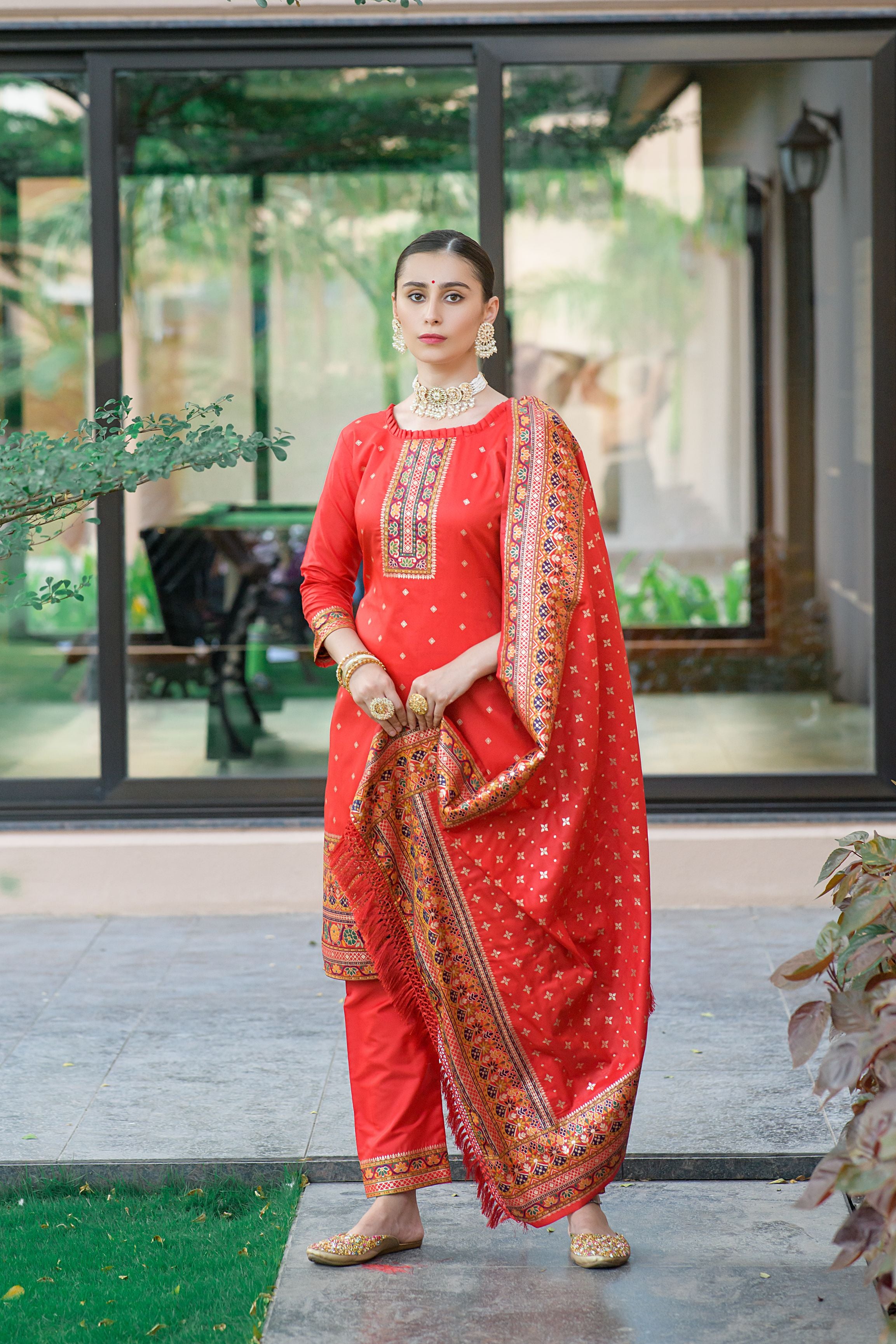 Red Silk Pashmina Work Salwar Suit ( Unstitched )