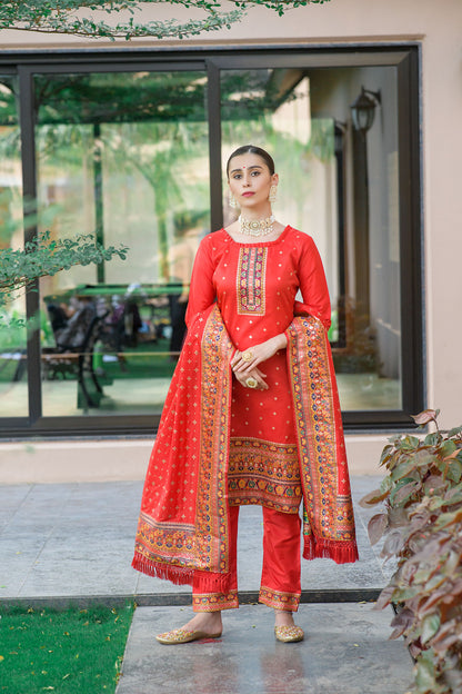 Red Silk Pashmina Work Salwar Suit ( Unstitched )