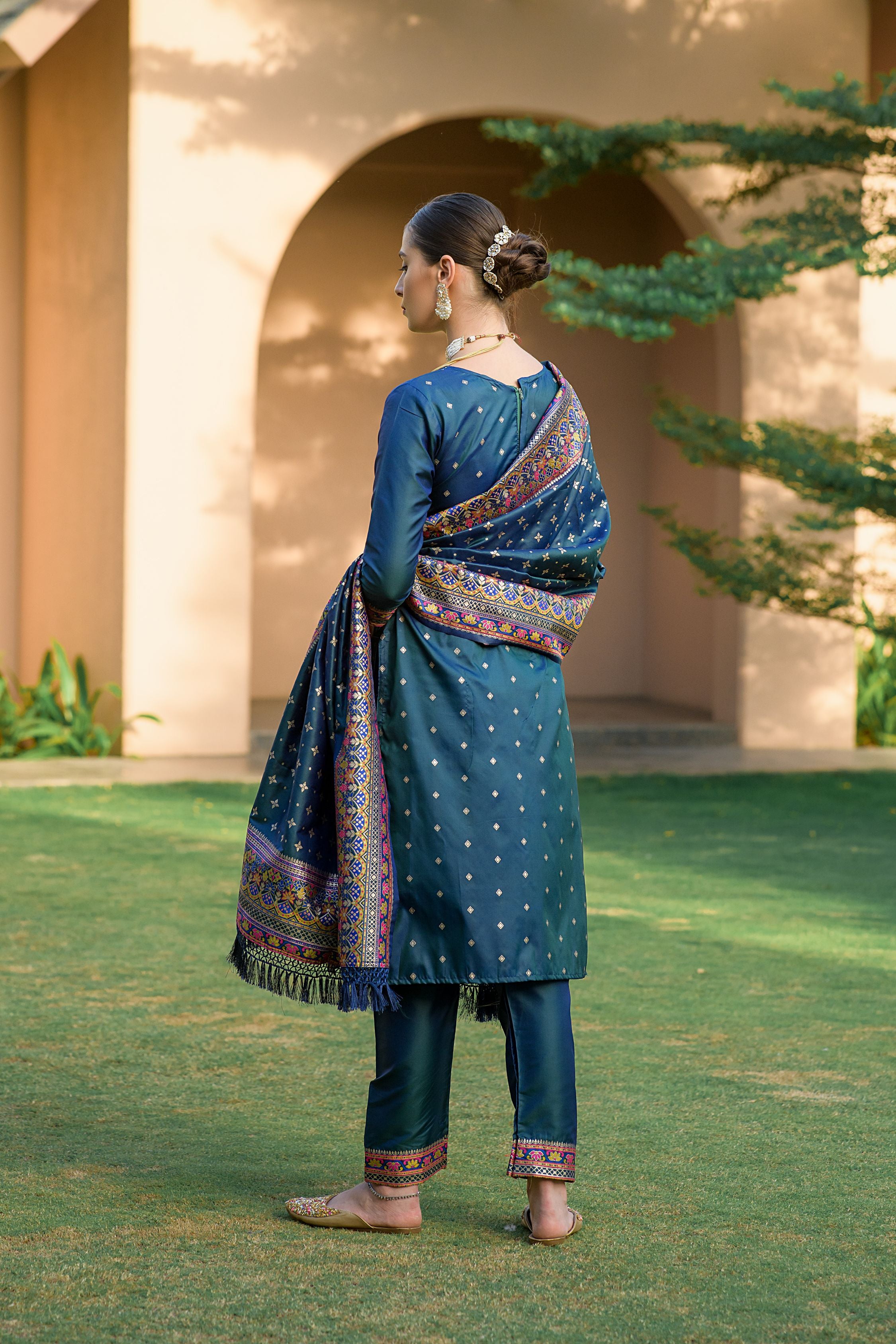 Teal Blue Silk Pashmina Work Salwar Suit ( Unstitched )