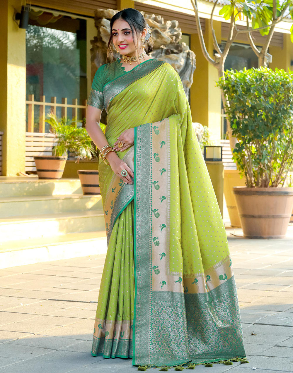 Light Lime Green Banarasi Silk Saree With Zari Weaving Work