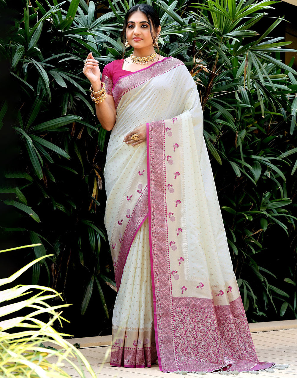 White Banarasi Silk Saree With Zari Weaving Work