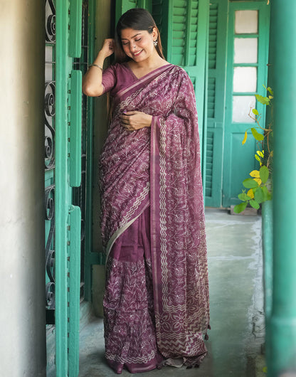 Light Magenta Tussar Silk Saree With Embroidery Work