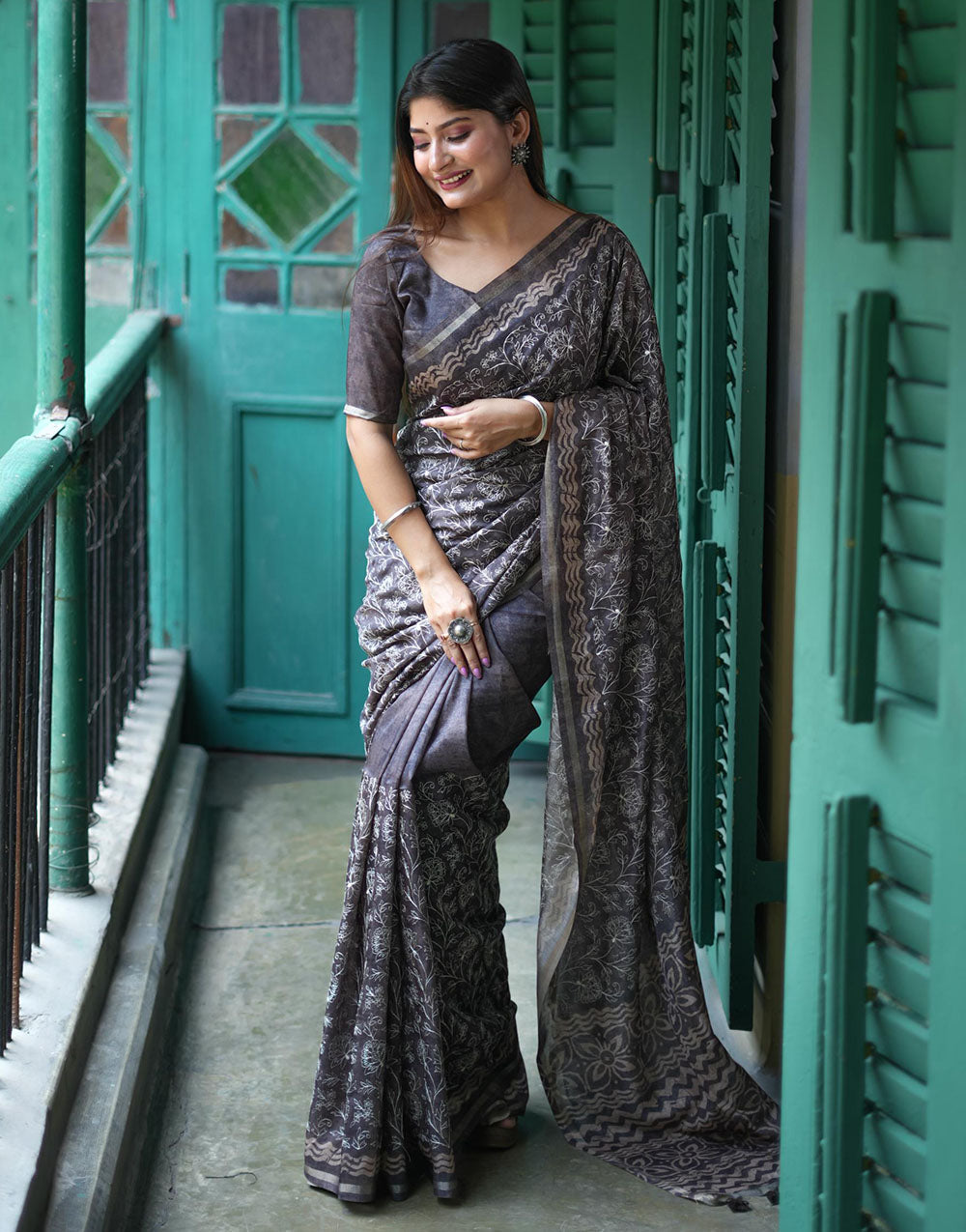 Grey Tussar Silk Saree With Embroidery Work