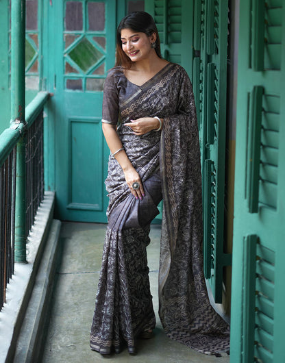 Grey Tussar Silk Saree With Embroidery Work