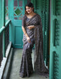 Grey Tussar Silk Saree With Embroidery Work