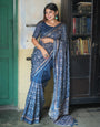 Blue Tussar Silk Saree With Embroidery Work