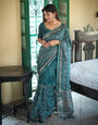 Teal Green Tussar Silk Saree With Embroidery Work