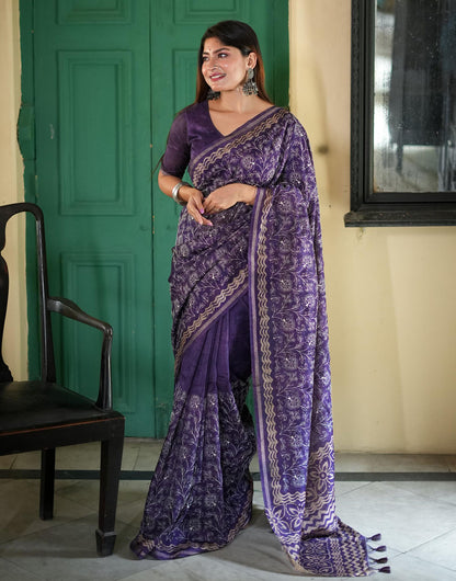 Purple Tussar Silk Saree With Embroidery Work