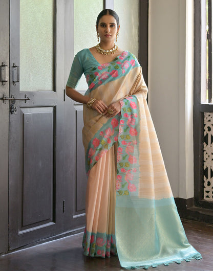 Pista Green & Cream Soft Silk Saree With Flower Printed Work