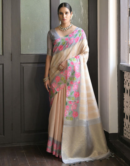 Grey & Cream Soft Silk Saree With Flower Printed Work