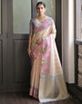 Grey & Cream Soft Silk Saree With Flower Printed Work