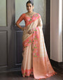 Peach & Cream Soft Silk Saree With Flower Printed Work