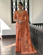 Cantaloupe Orange Tussar Silk Saree With Thread Work