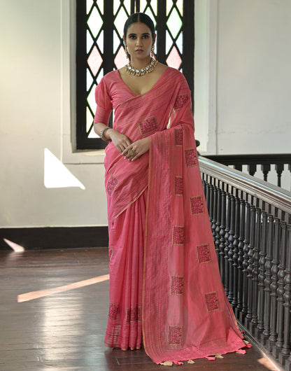 Pink Tussar Silk Saree With Thread Work