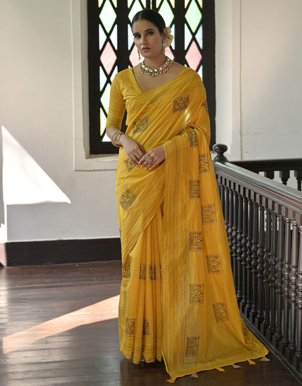 Yellow Tussar Silk Saree With Thread Work