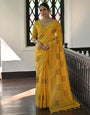 Yellow Tussar Silk Saree With Thread Work