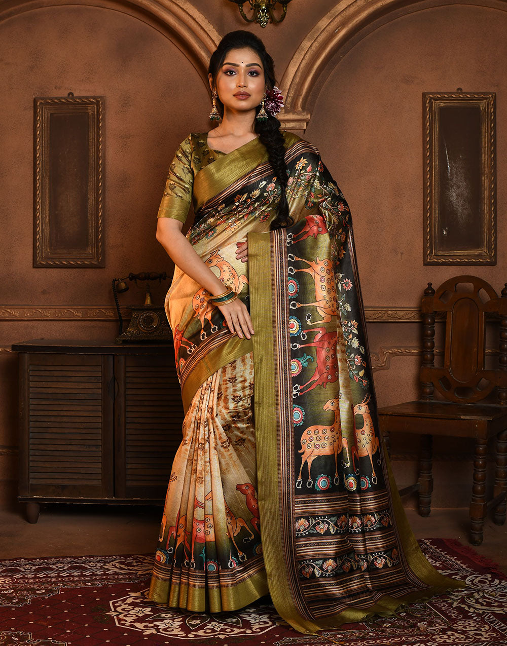 Mahendi Green Soft Tussar Silk Saree With Kalamkari Printed Work