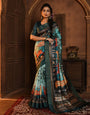 Peacock Blue Soft Tussar Silk Saree With Kalamkari Printed Work