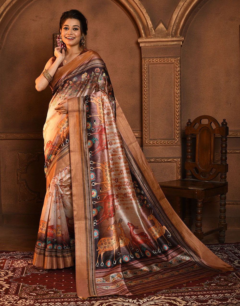 Brown Soft Tussar Silk Saree With Kalamkari Printed Work