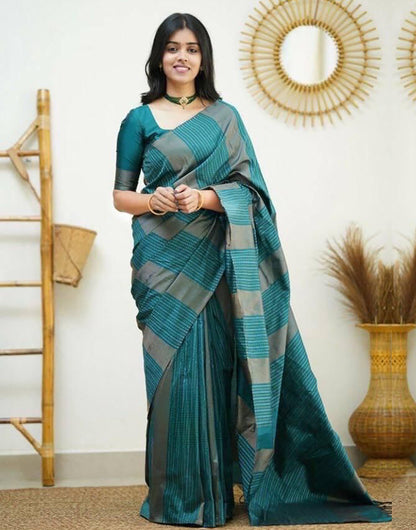 Teal Blue Soft Silk Saree With Zari Weaving Work