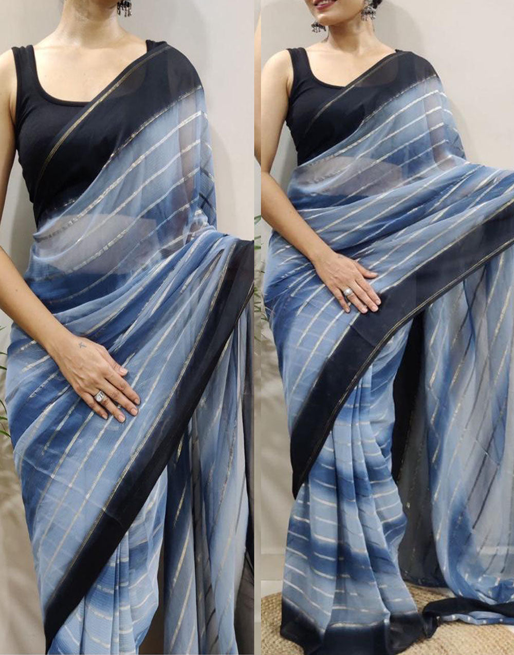 Stone Blue Georgette Ready To Wear Saree