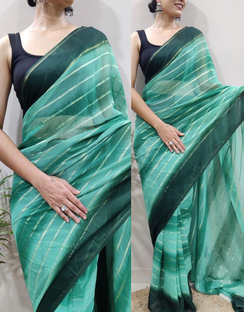 Teal Green Stylist Georgette Ready To Wear Saree