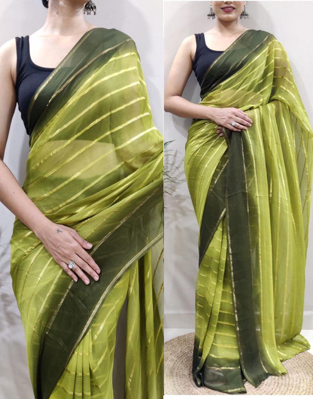 Green Stylist Georgette Ready To Wear Saree