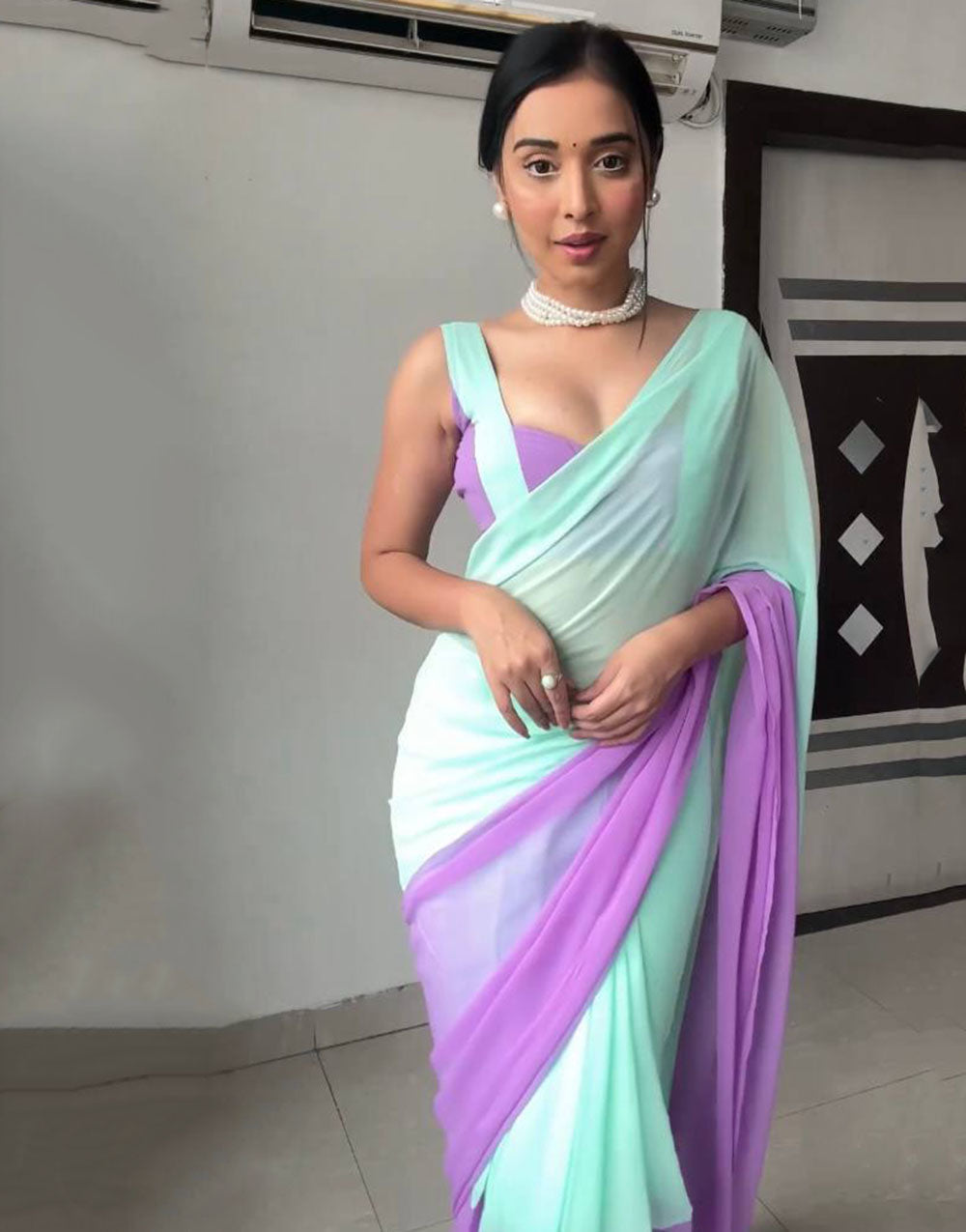 Tiffany Blue & Lavender Georgette Ready To Wear Saree