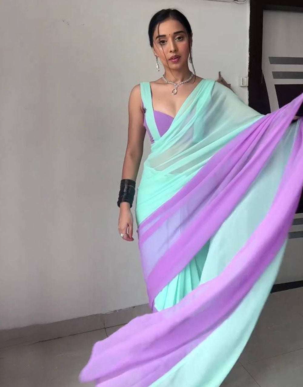 Tiffany Blue & Lavender Georgette Ready To Wear Saree