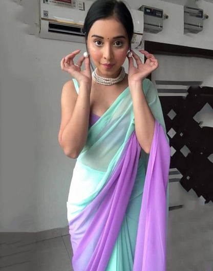 Tiffany Blue & Lavender Georgette Ready To Wear Saree