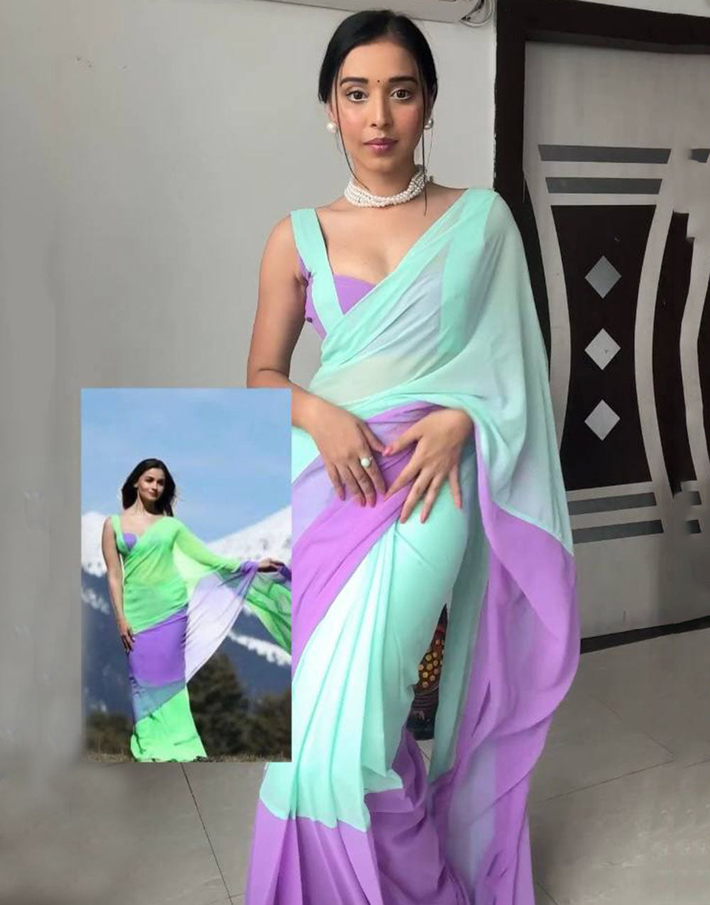 Tiffany Blue & Lavender Georgette Ready To Wear Saree