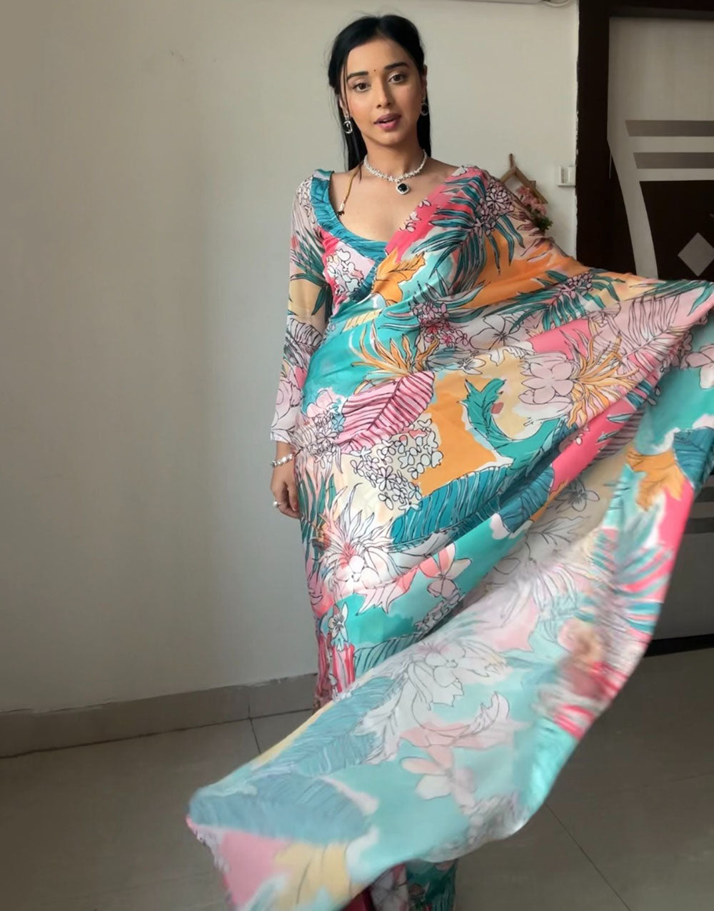 Multi Colour Georgette With Digital Printed Ready To Wear Saree