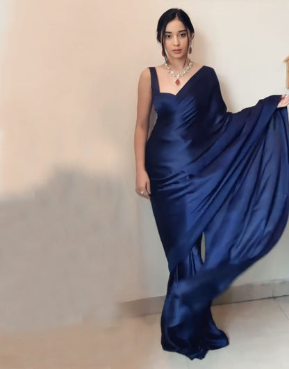 Navy Blue Satin Ready To Wear Saree