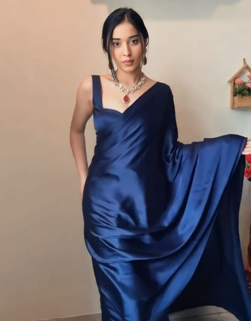 Navy Blue Satin Ready To Wear Saree