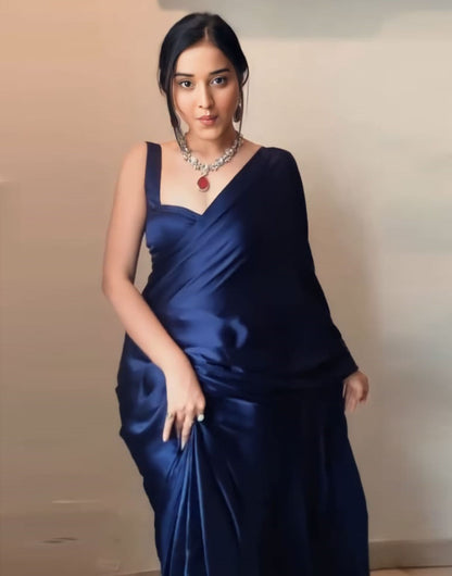 Navy Blue Satin Ready To Wear Saree