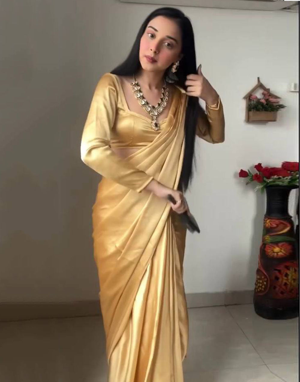 Chiku Satin Ready To Wear Saree