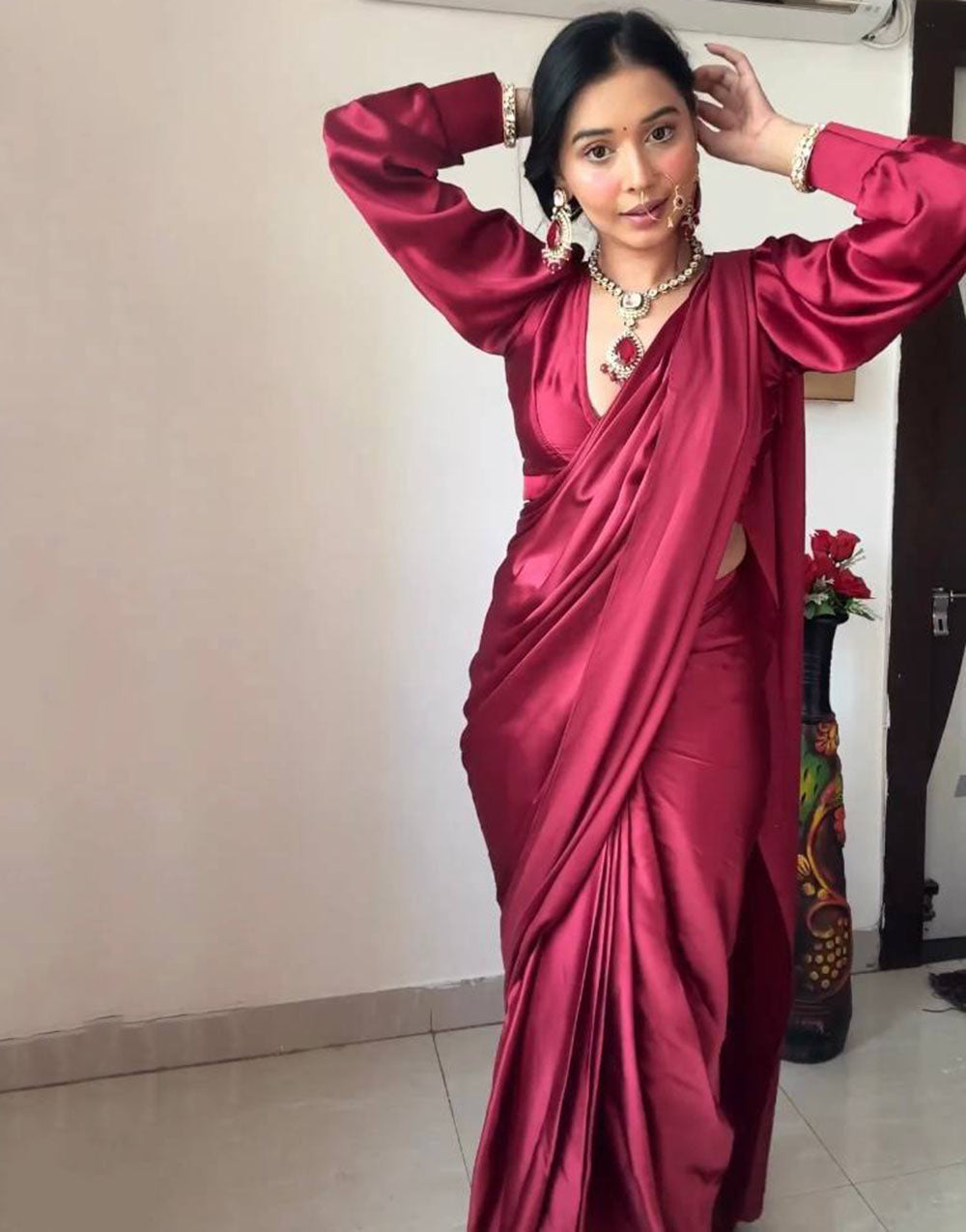 Pink Satin Ready To Wear Saree