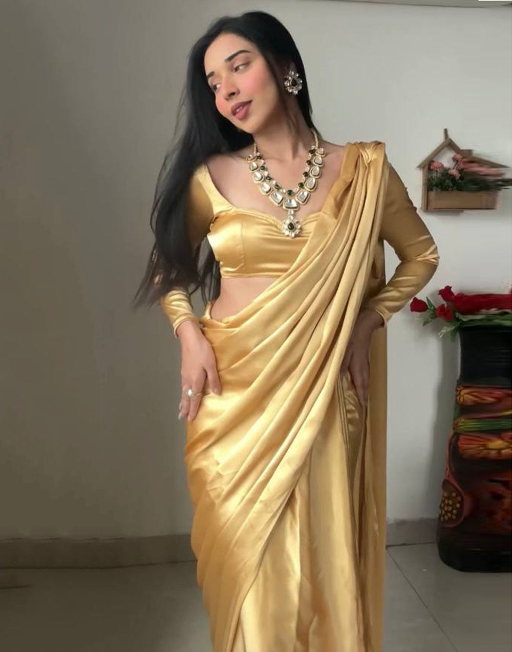 Chiku Satin Ready To Wear Saree