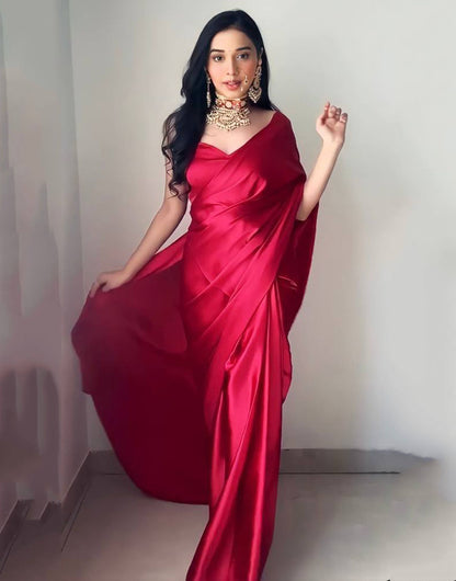 Red Satin Ready To Wear Saree