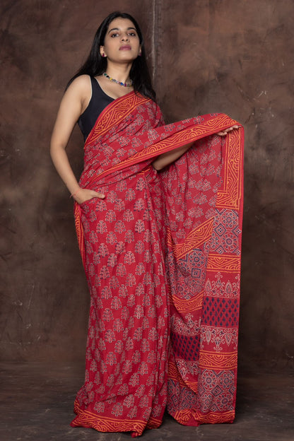Orange Colour Mul Cotton Ready To Wear Saree With Pocket