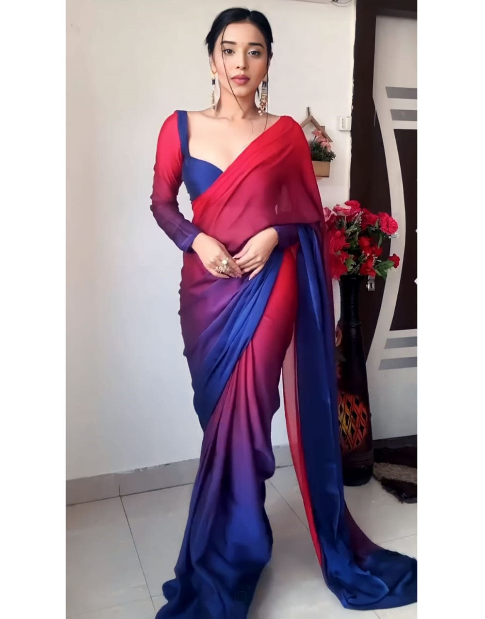 Red & Blue Stylist Georgette Ready To Wear Saree