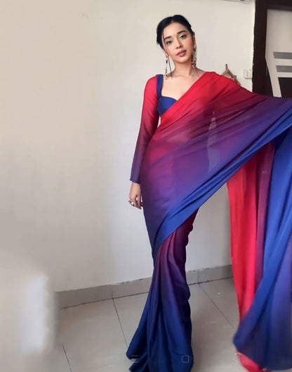 Red & Blue Stylist Georgette Ready To Wear Saree