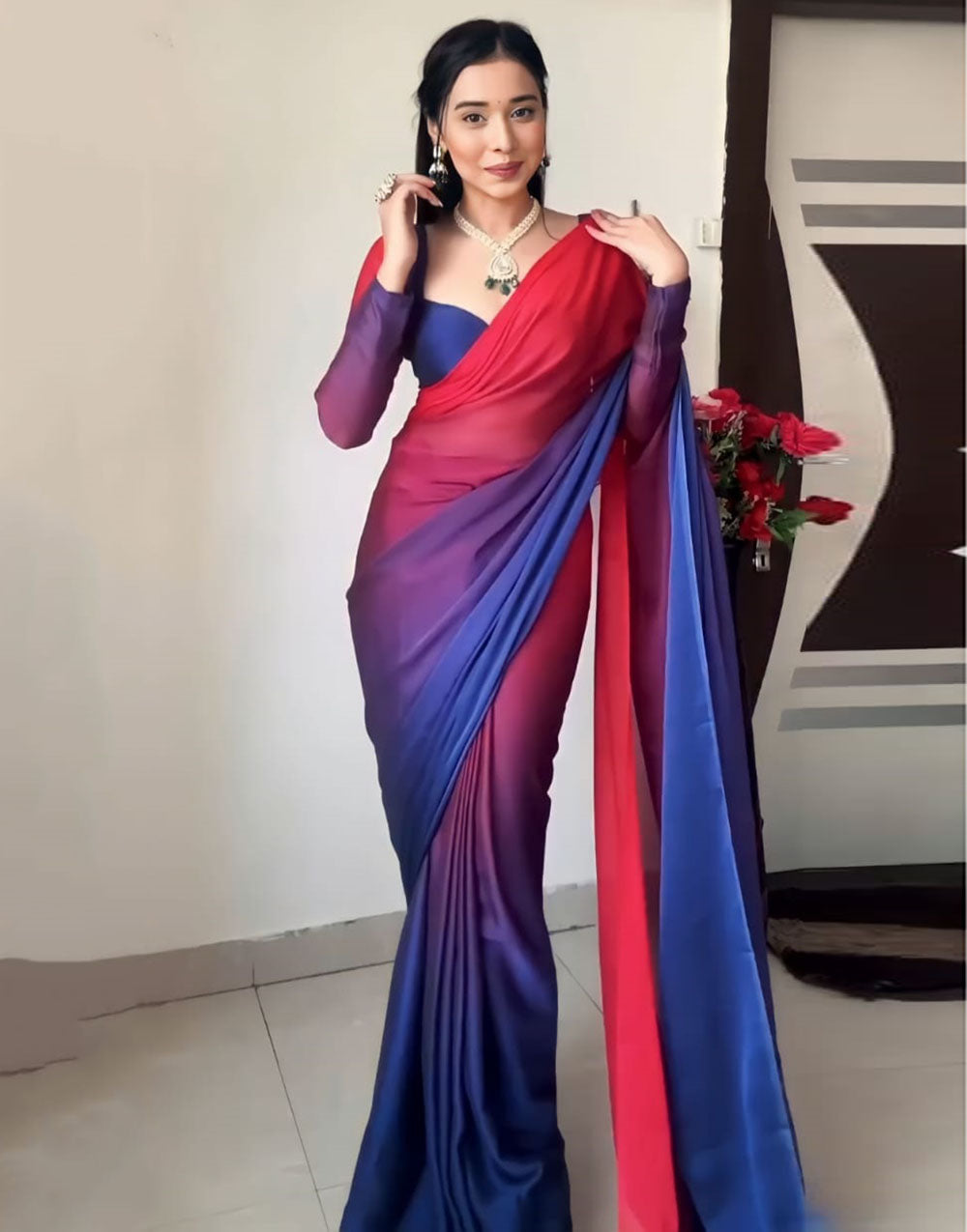 Red & Blue Stylist Georgette Ready To Wear Saree