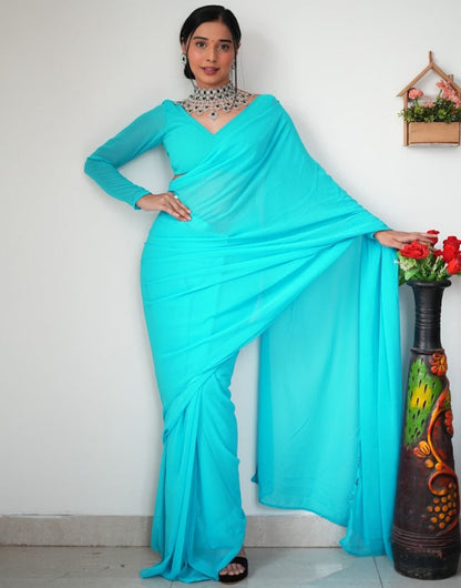 Tiffany Blue Georgette Ready To Wear Saree