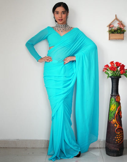 Tiffany Blue Georgette Ready To Wear Saree