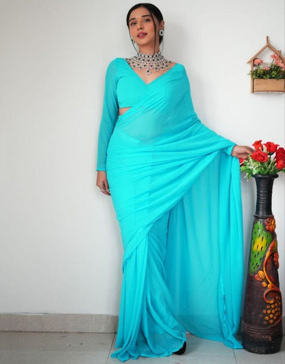 Tiffany Blue Georgette Ready To Wear Saree