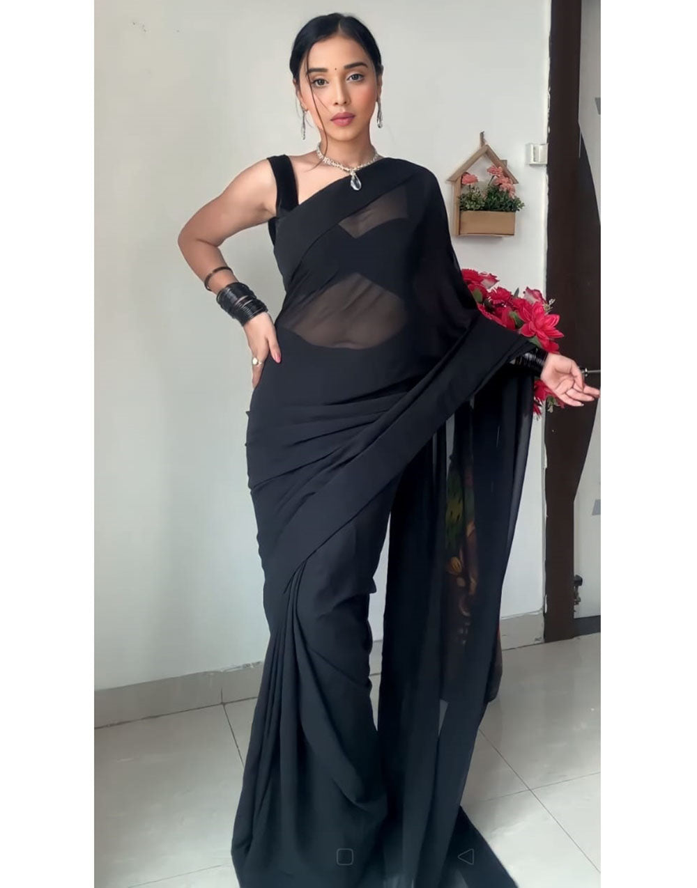 Black Georgette Ready To Wear Saree