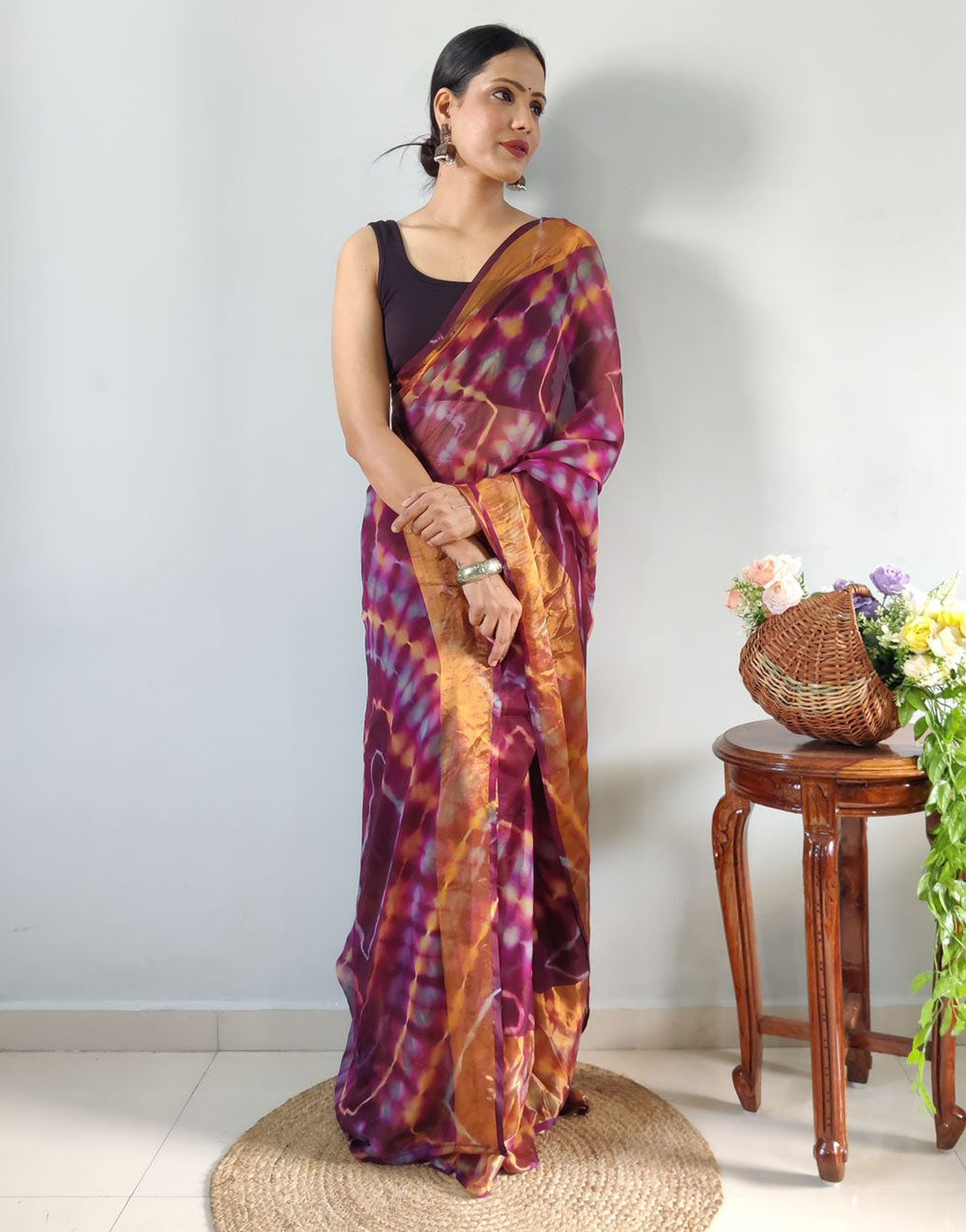 Wine Soft Georgette Ready To Wear Saree