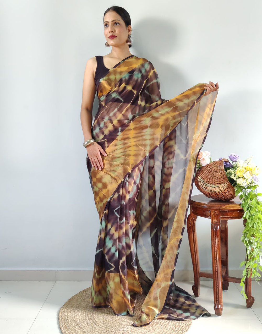 Dark Brown Georgette Ready To Wear Saree