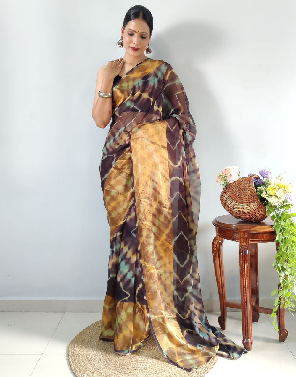 Dark Brown Georgette Ready To Wear Saree